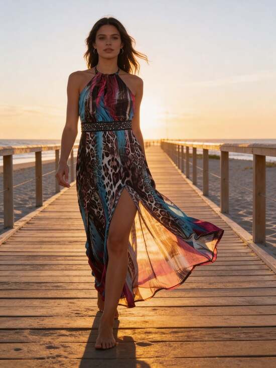 Venus Dresses & Skirts - Venus Jungle Party Halter Maxi Dress with Beaded Waist Size Medium